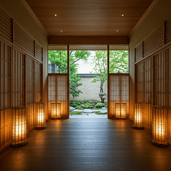 Corredor japonês tradicional com lanternas